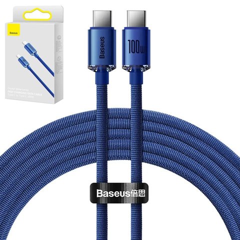 USB кабель Baseus Crystal Shine Series, 2xUSB тип C, 120 см, 100 Вт, синий, в нейлоновой оплетке, #CAJY000603