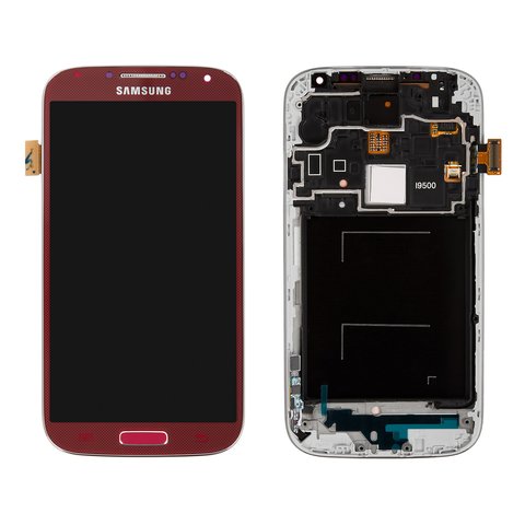 LCD compatible with Samsung I9500 Galaxy S4, red, with frame, original change glass 