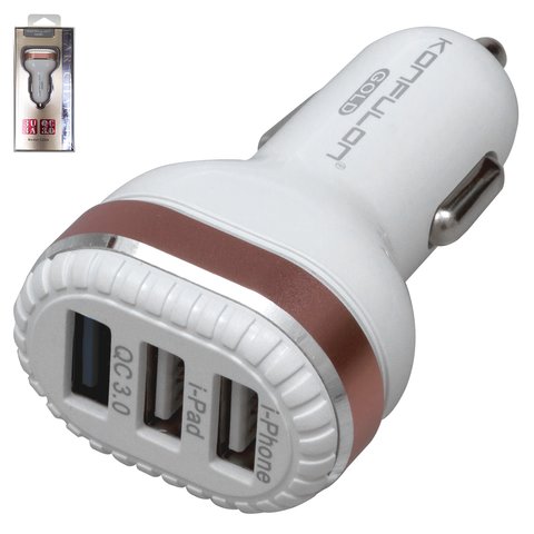Car Charger Konfulon C28A compatible with Apple Cell Phones; Apple Tablets, USB outputs 5V 3A 9V 2A 12V 1,5A, 12 V, 2 USB outputs 5V 3A , white, golden, Quick Charge, 18 W 