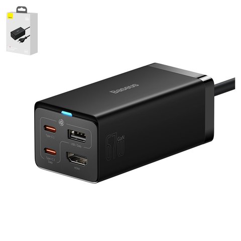 Mains Charger Baseus GaN5 Pro Desktop, 67 W, Quick Charge, black, with cable USB type C to USB type C, USB Type A for data transferring only, 4 output, 1.5 m  #CCGP110201