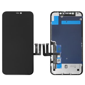 Дисплей для iPhone 11, черный, с рамкой, AAA, с пластиками камеры и датчика приближения, tianma TFT 