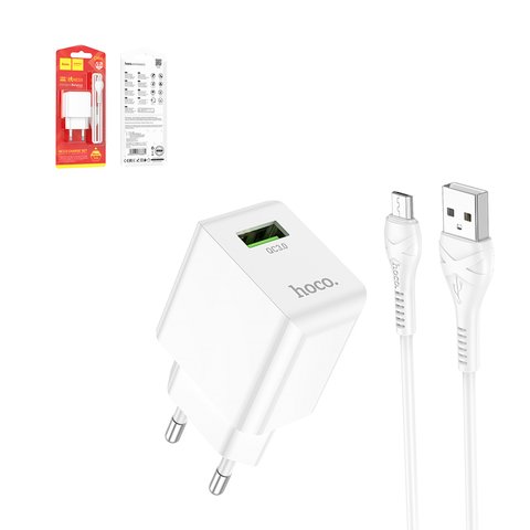 Adaptador de red Hoco C98A, 18 W, Quick Charge, blanco, con cable micro USB Tipo B, 1 puerto, #6931474766861